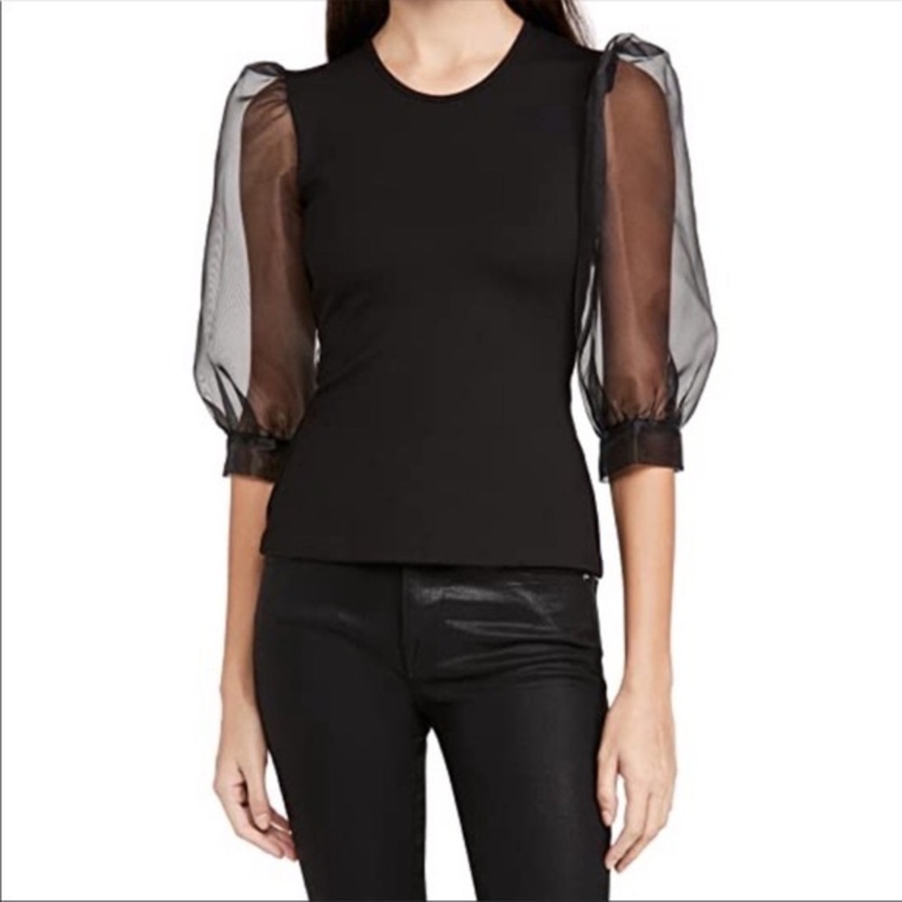 Amanda Uprichard Jilly Top Shirt Sheer Black Top Open Back Organza Puff Sleeves
